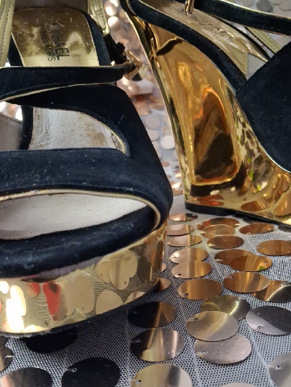 Michael Kors Black Suede and Gold Wedge Sandals - Picture 11 of 12